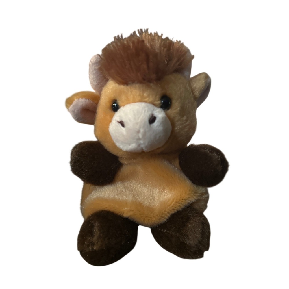Aurora World Palm Pals Highland Cow Plush Stuffed Animal Tan Brown Mini Toy